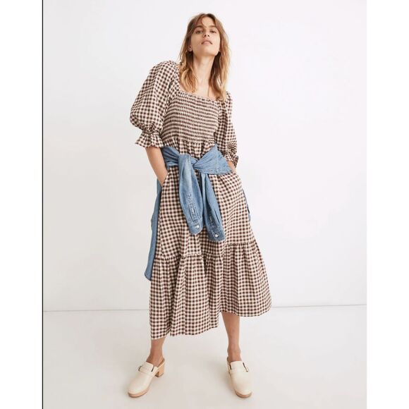 Madewell Lucie Elbow-Sleeve Smocked Midi Dress in Gingham - Picture 2 of 7